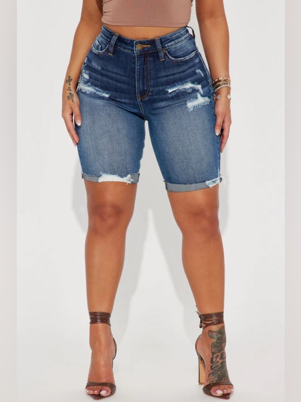 High-Rise Distressed Denim Bermuda Shorts - Dark wash
